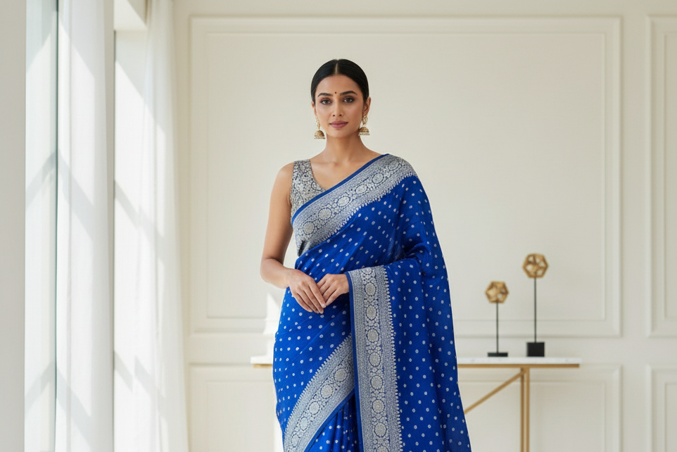 Classic blue pure crepe silk saree