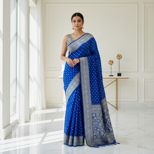 Classic blue pure crepe silk saree
