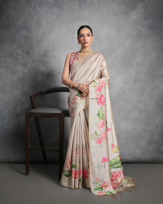 Beige Digital flower printed blouse saree