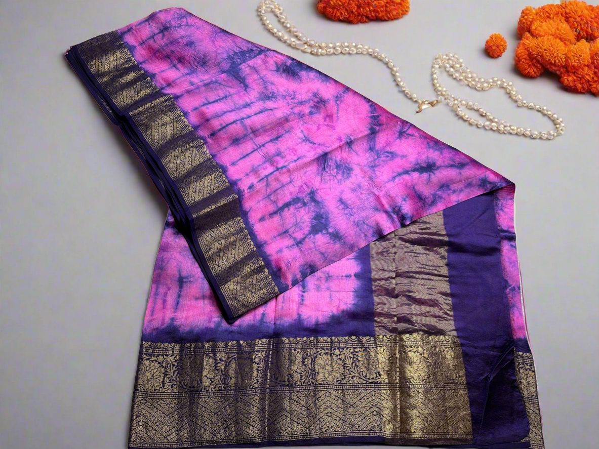 Pink-purple tie-dye pure chiniya silk saree