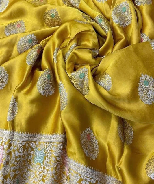 Mastard yellow mashru satin silk saree