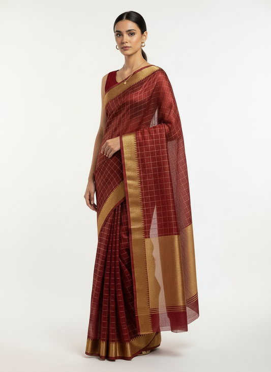 Maroon checks saree