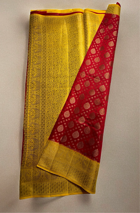 RED-YELLOW PURE CHINIYA SILK SAREE