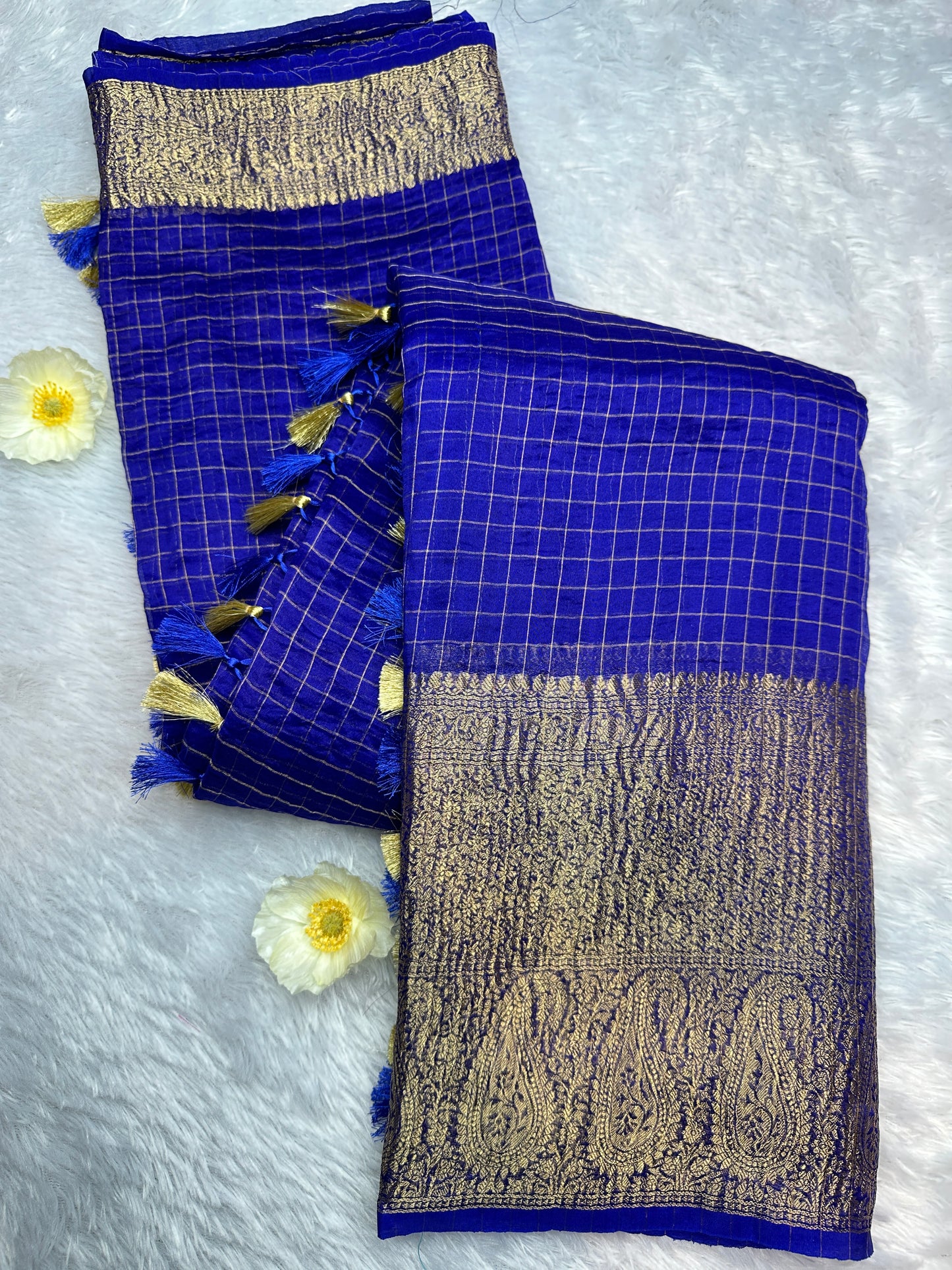 Royal blue organza checks saree