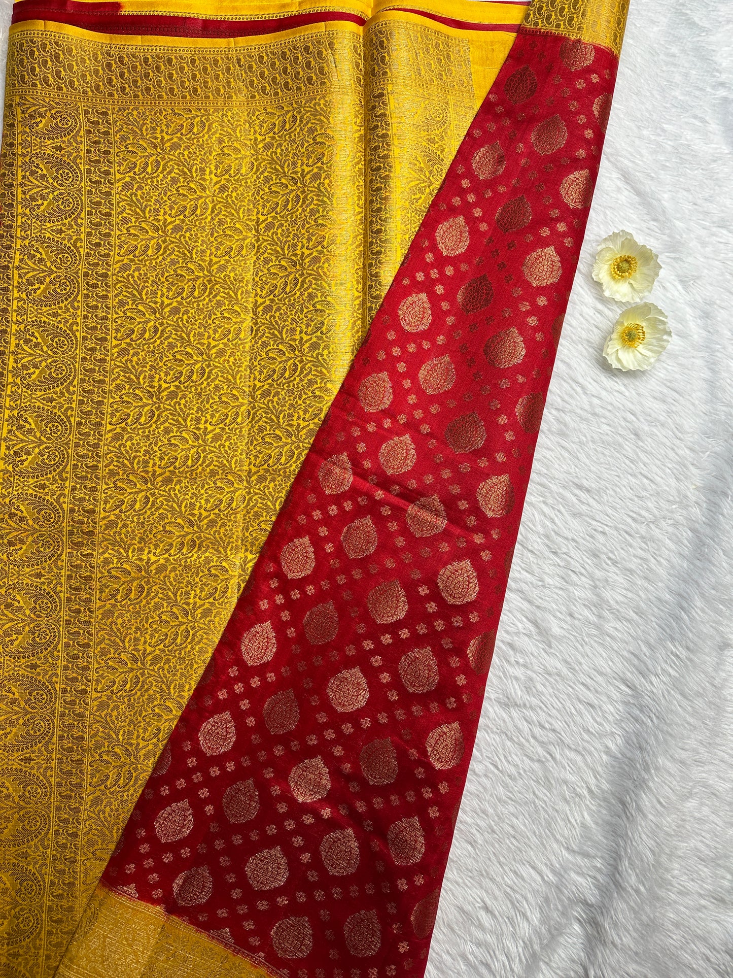 RED-YELLOW PURE CHINIYA SILK SAREE