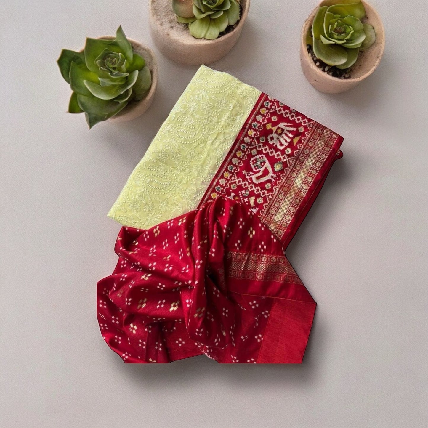 Yellow-red chikankari X patola-Georgette saree