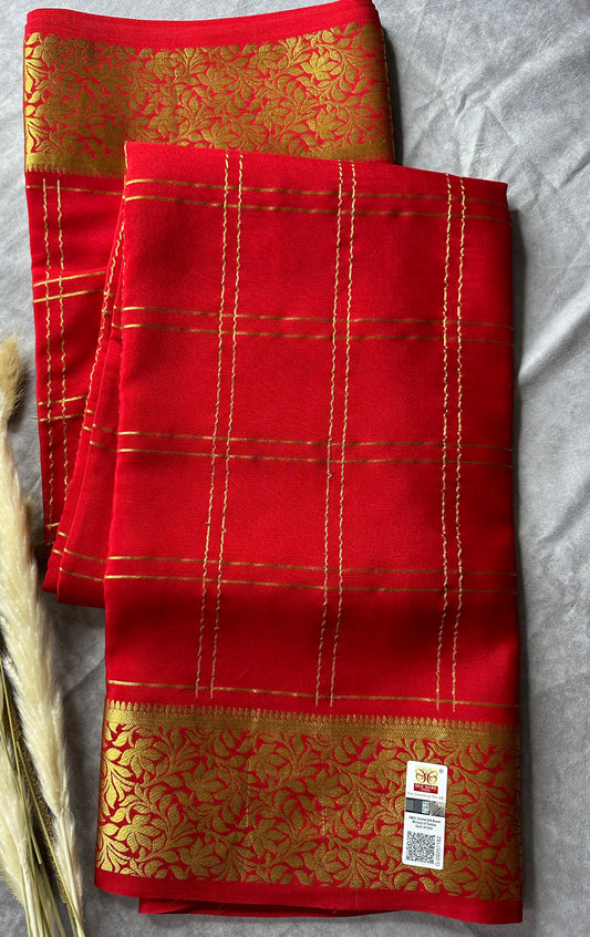 Red 3" TWIN CHECKS PURE CREPE SAREE