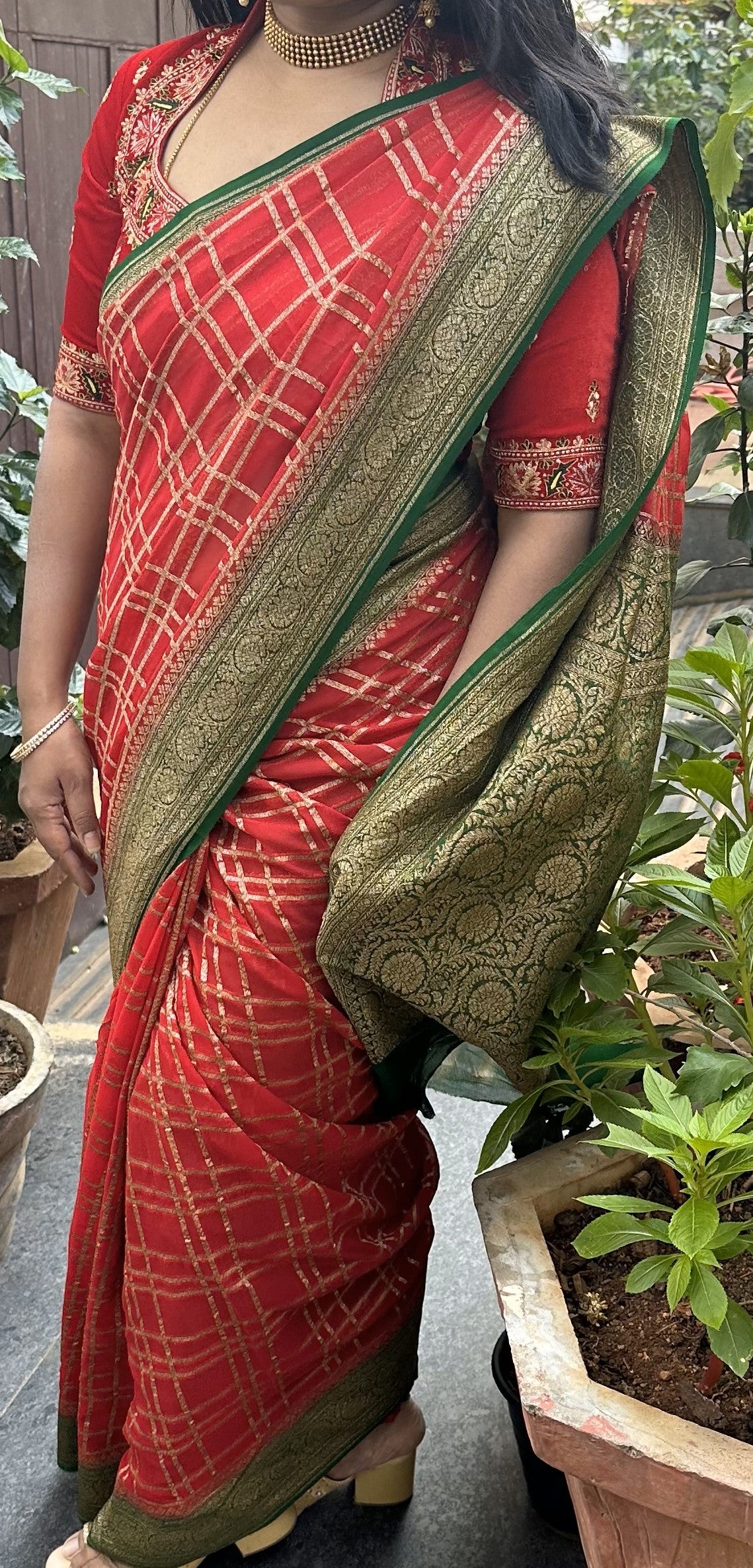 Red-green pure georgette saree