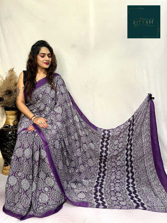 Violet ajrak printed saree