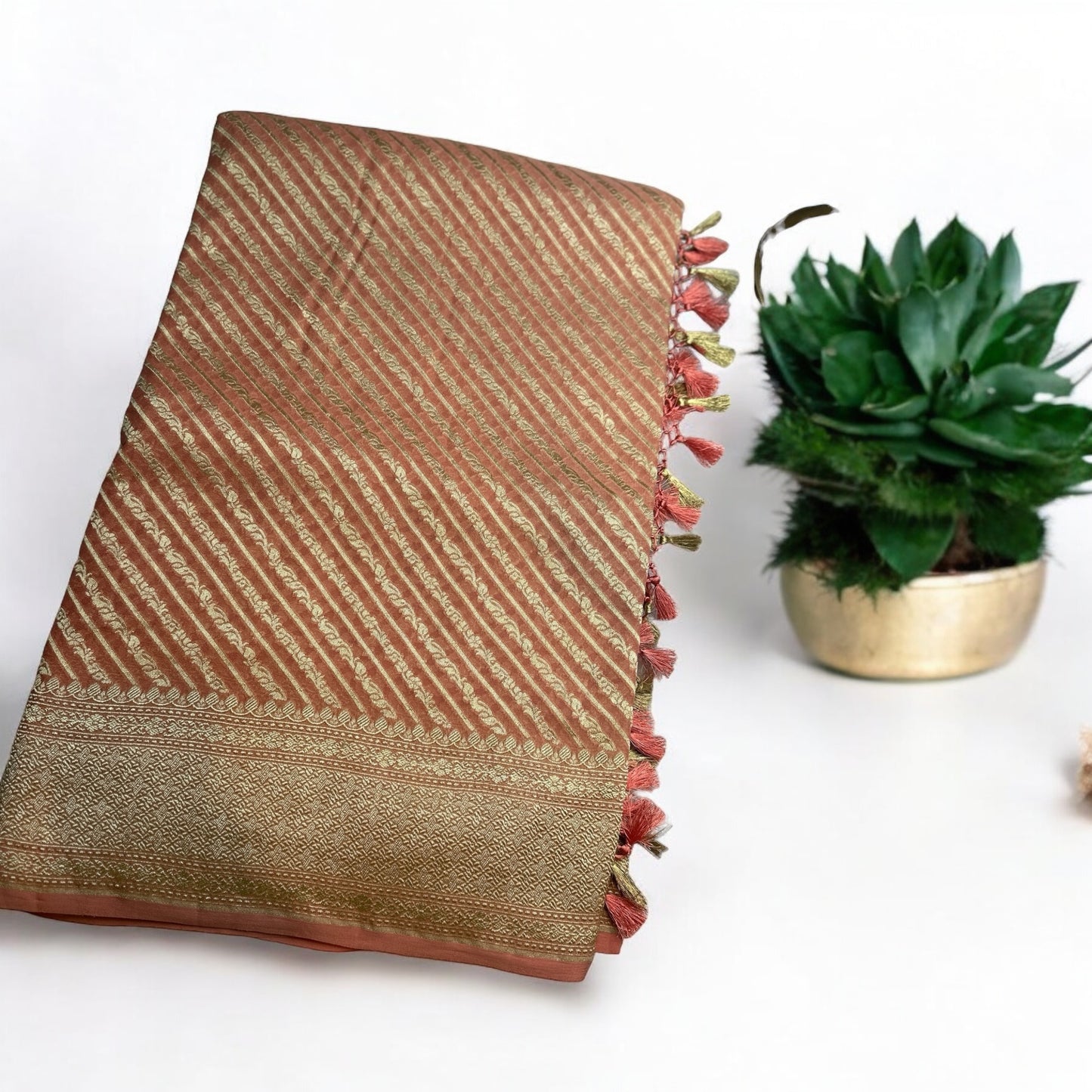 Peach stripes pure Georgette saree