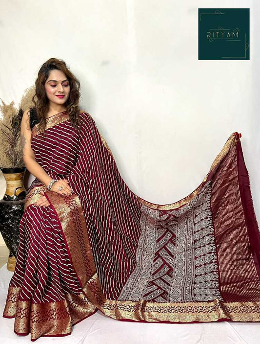 Burgundy printed Dola silk saree