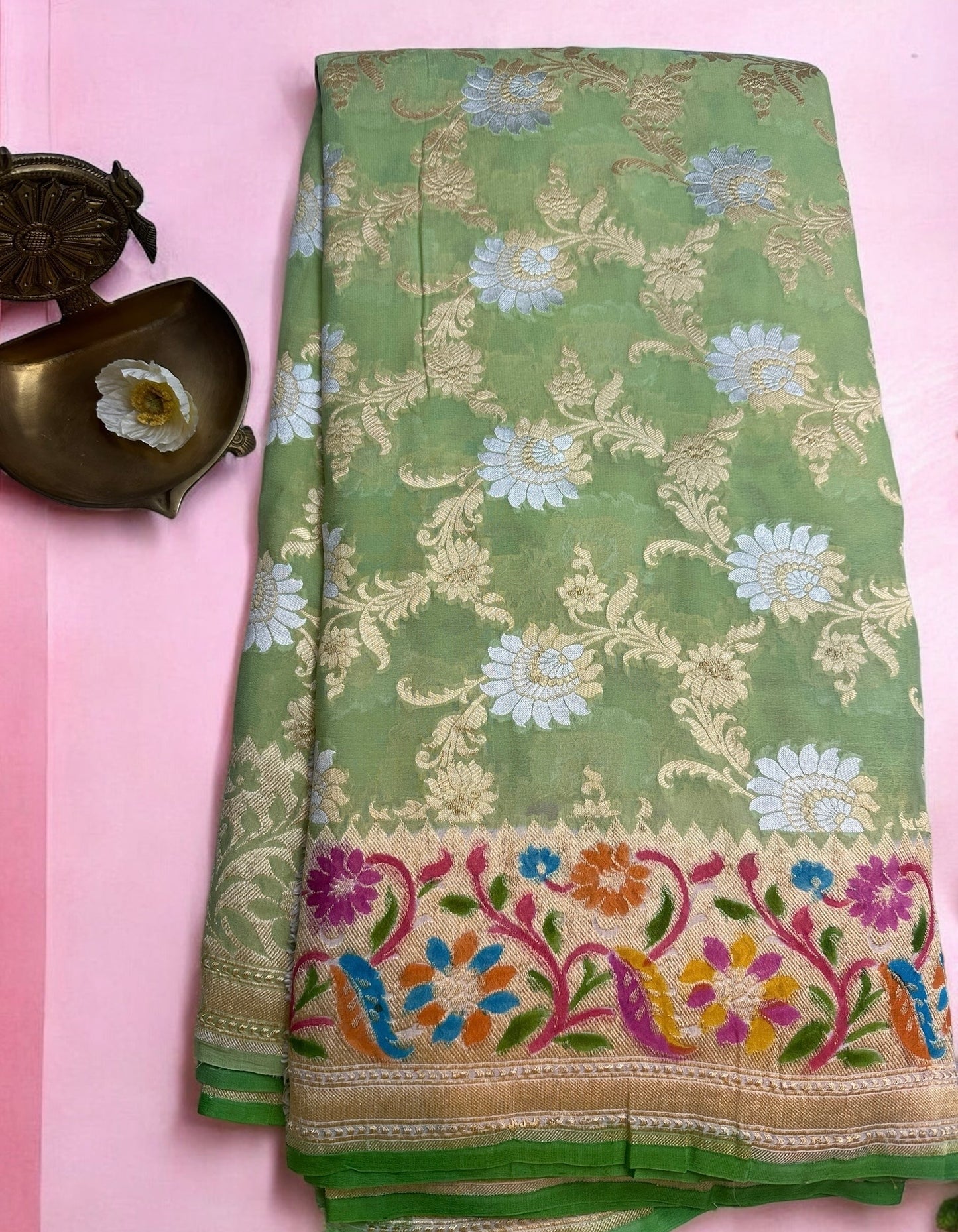 MINT GREEN PURE KHADDI GEORGETTE SAREE WITH MEENAKARI WORK