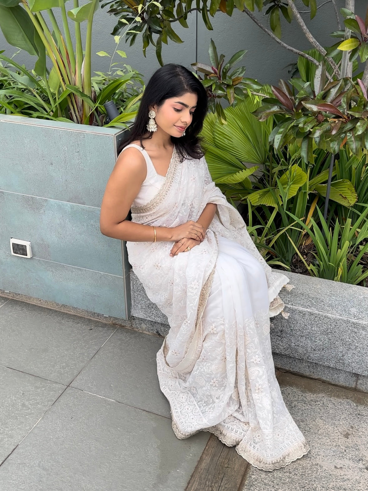 Off-white Chikankari saree