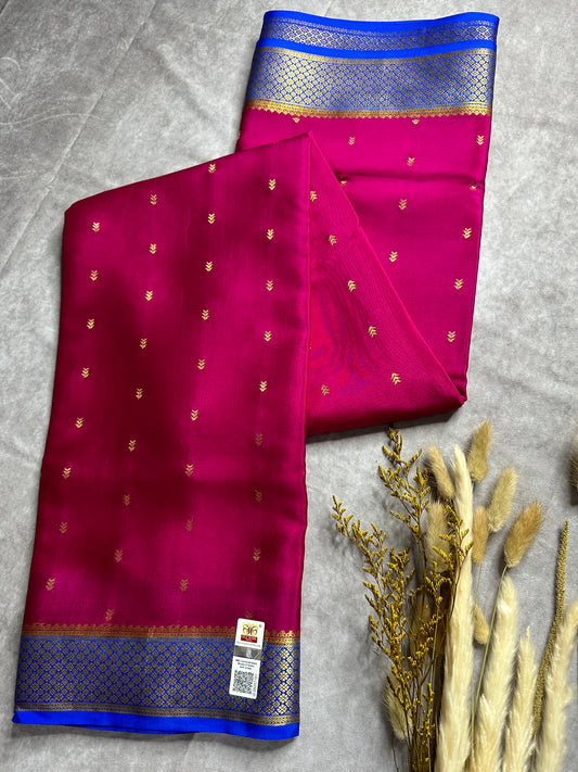 Rani pink- blue arrow butta pure crepe silk saree