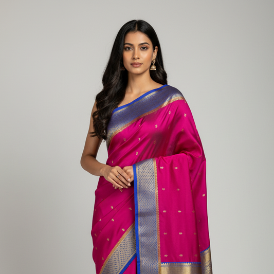 Rani pink- blue arrow butta pure crepe silk saree