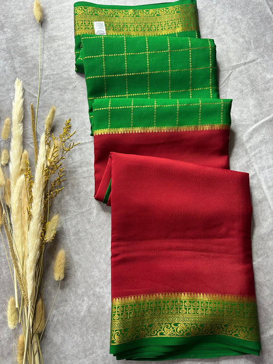 Red-green 1/2 X 1/2 CREPE SAREE