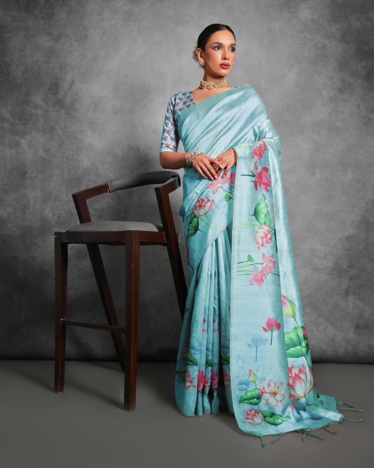 Sky blue Digital flower printed blouse saree