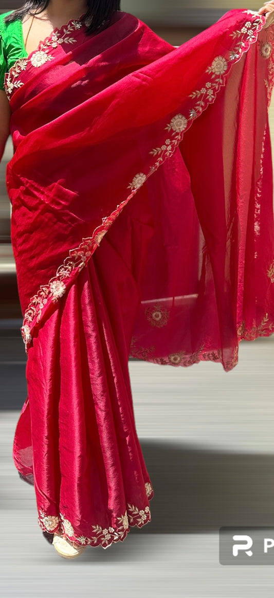 Red satin organza hand embroidery saree