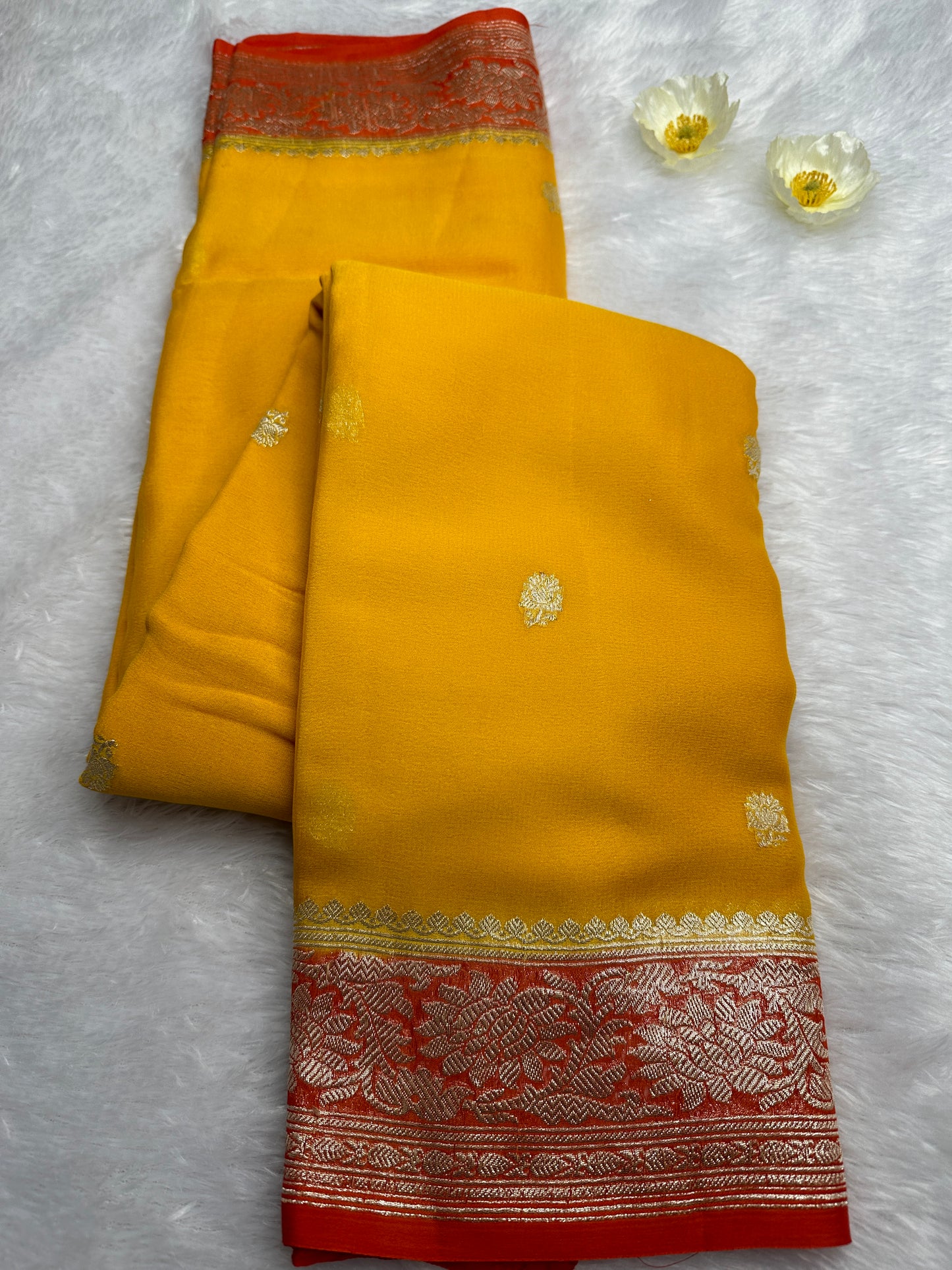 MUSTARD YELLOW-ORANGE PURE KHADDI CHIFFON GEORGETTE SAREE