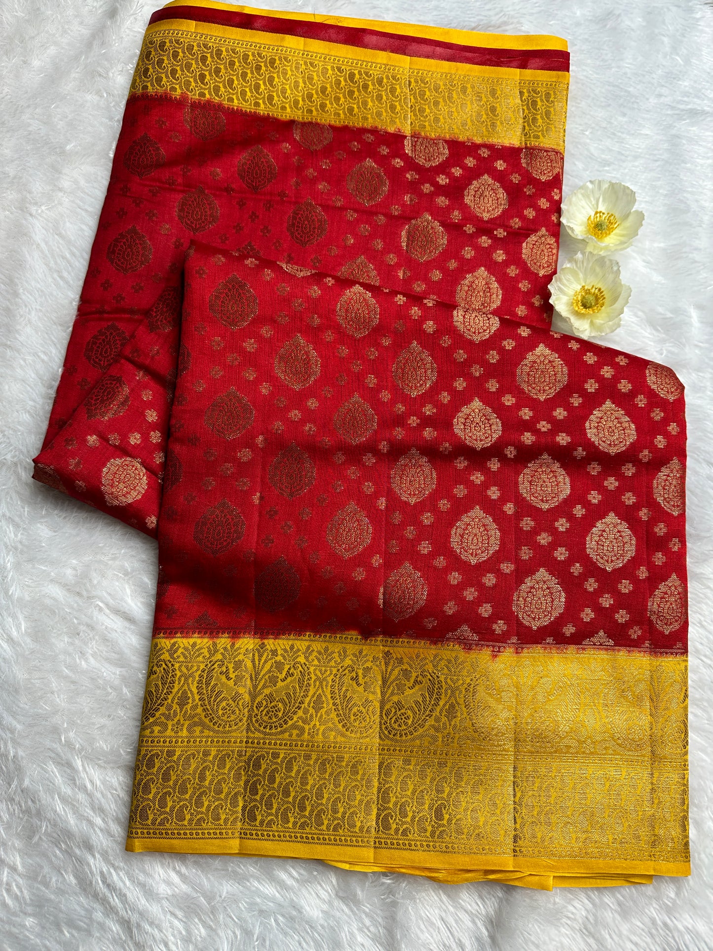 RED-YELLOW PURE CHINIYA SILK SAREE