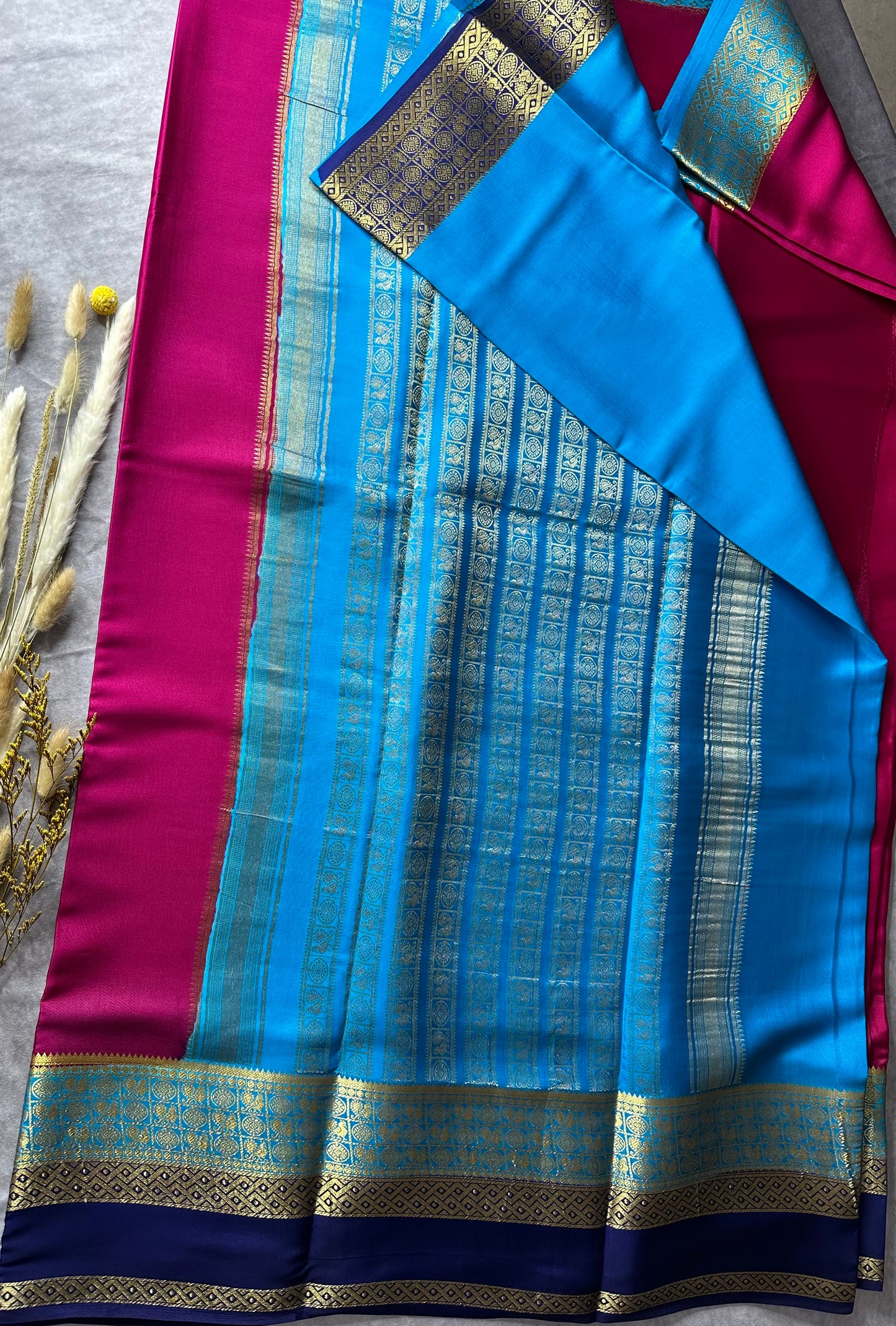 Rani pink-blue Sarika 3D skirt pure crepe silk saree