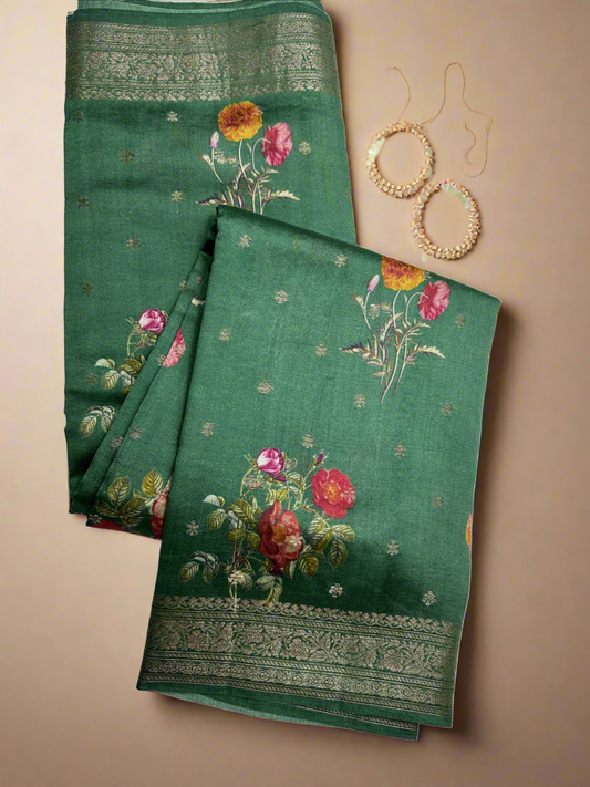 Green printed pure chiniya silk saree