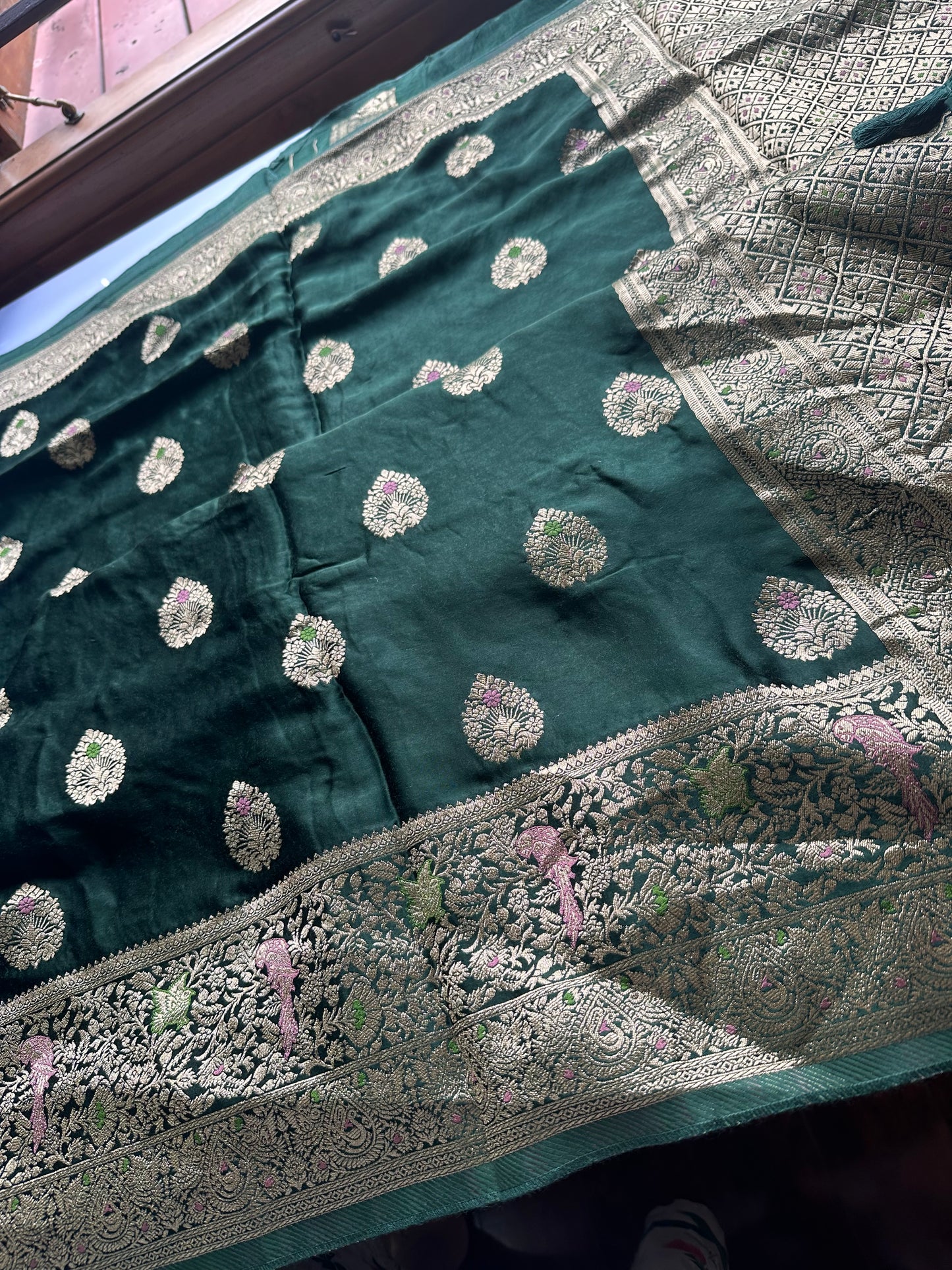 Bottle green mashru satin silk saree