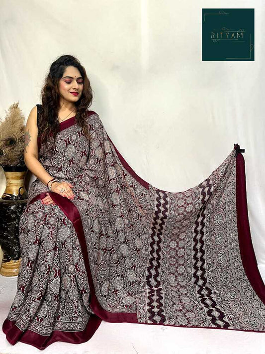 Maroon ajrak  printed saree