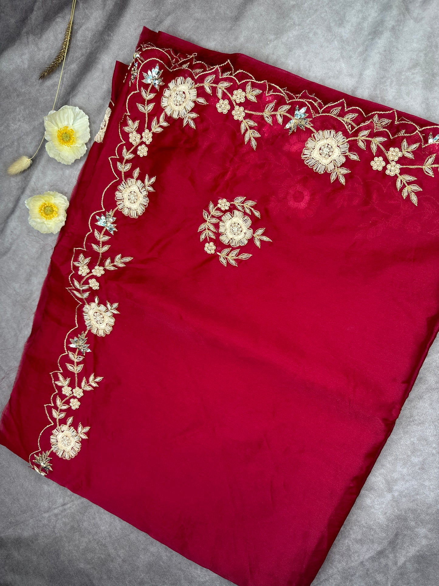 Red satin organza hand embroidery saree