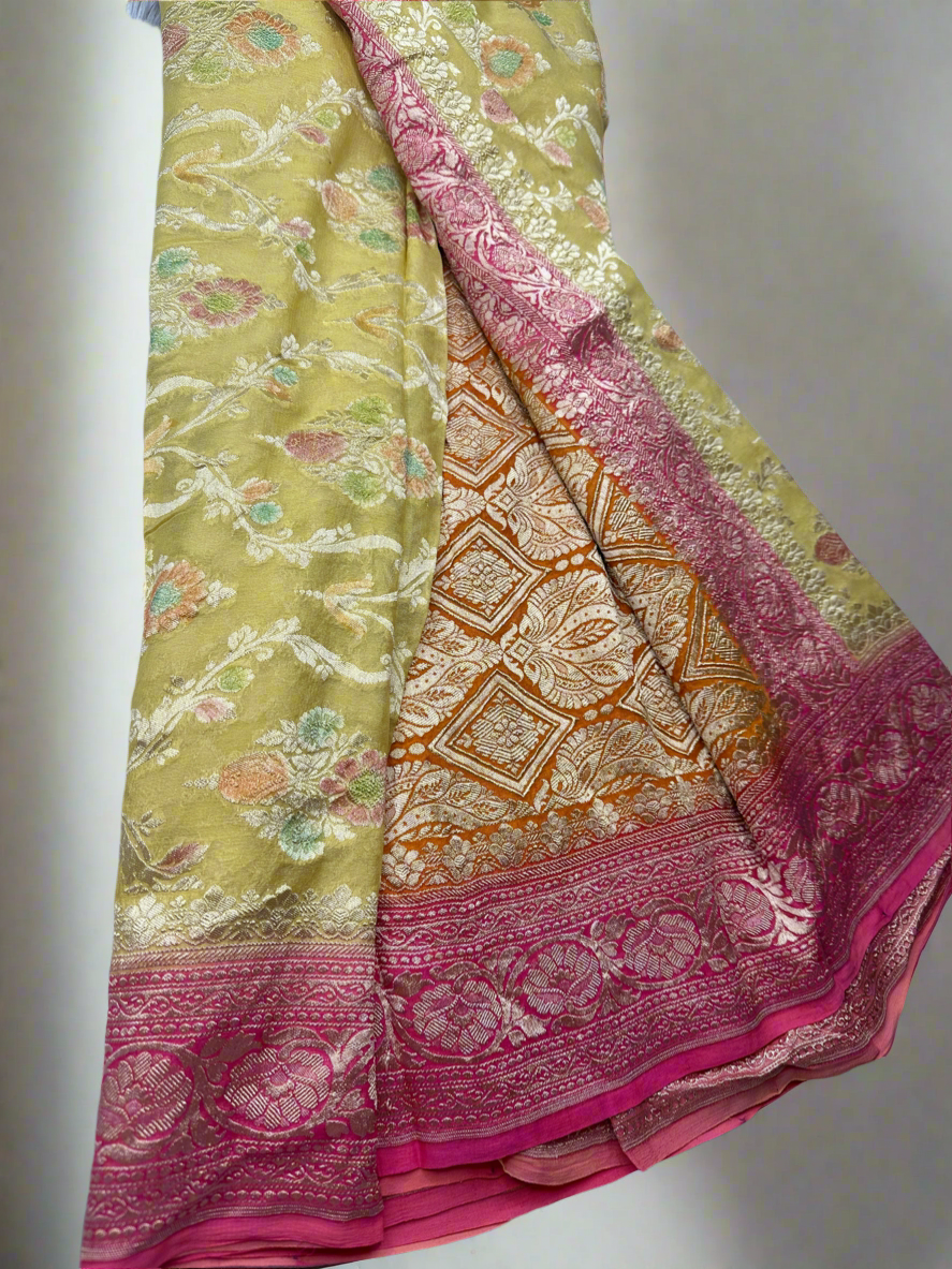 YELLOW-PINK PURE GEORGETTE SAREE