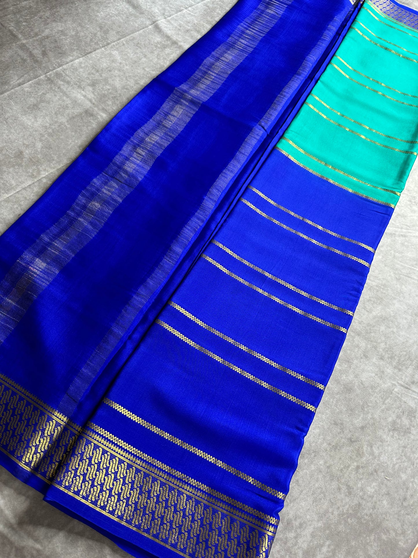 Sky Blue- royal blue fancy 1/2 X 1/2 stripes crepe silk saree