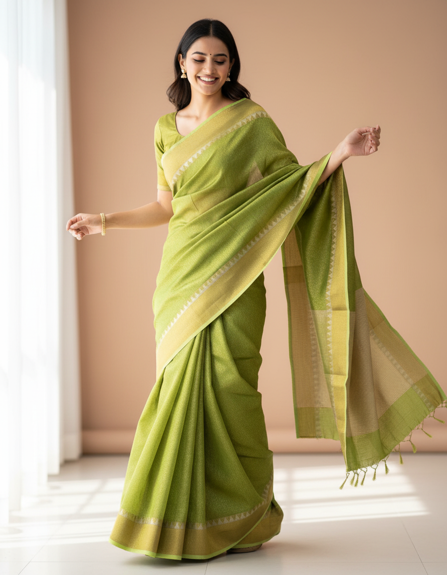 Parrot green tissue linen saree