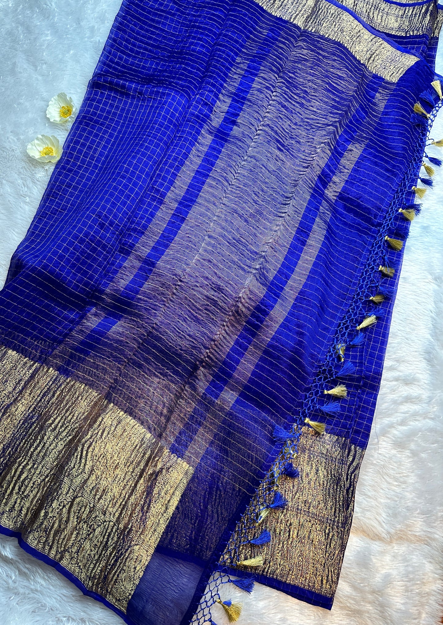 Royal blue organza checks saree