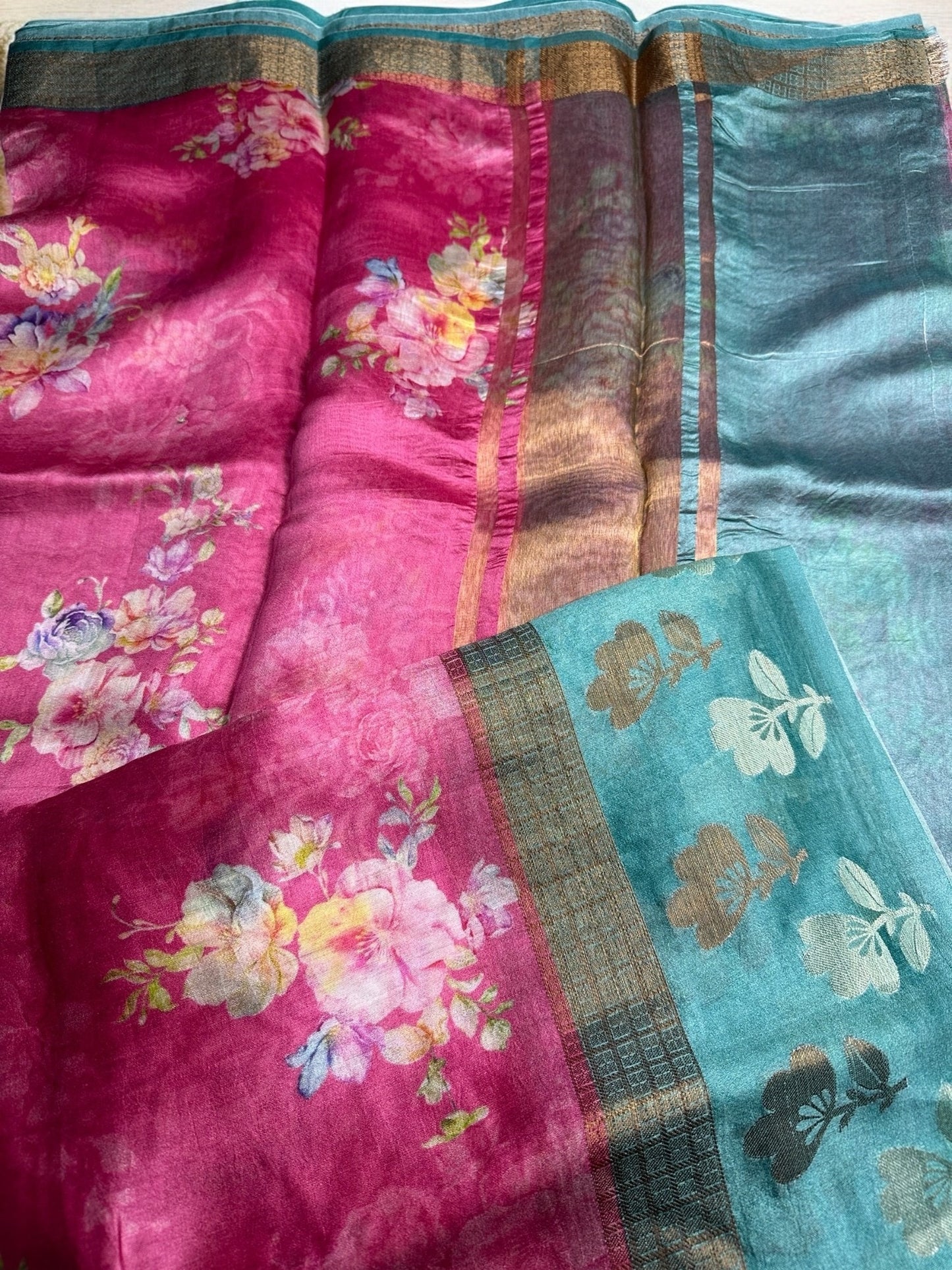 PINK-RAMA GREEN  DIGITAL PRINT PURE CHINIYA SILK SAREE