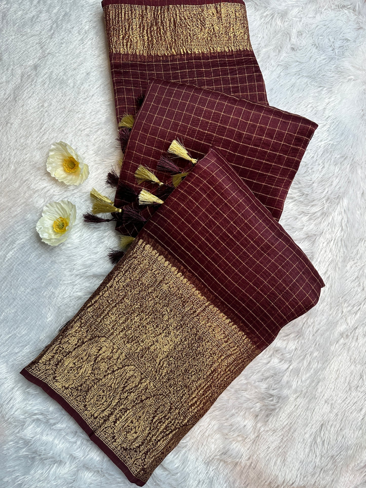 Wine organza checks saree