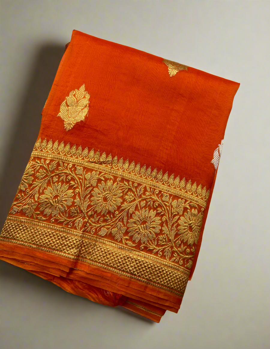 FANTA ORANGE HANDLOOM PURE ORGANZA SAREE