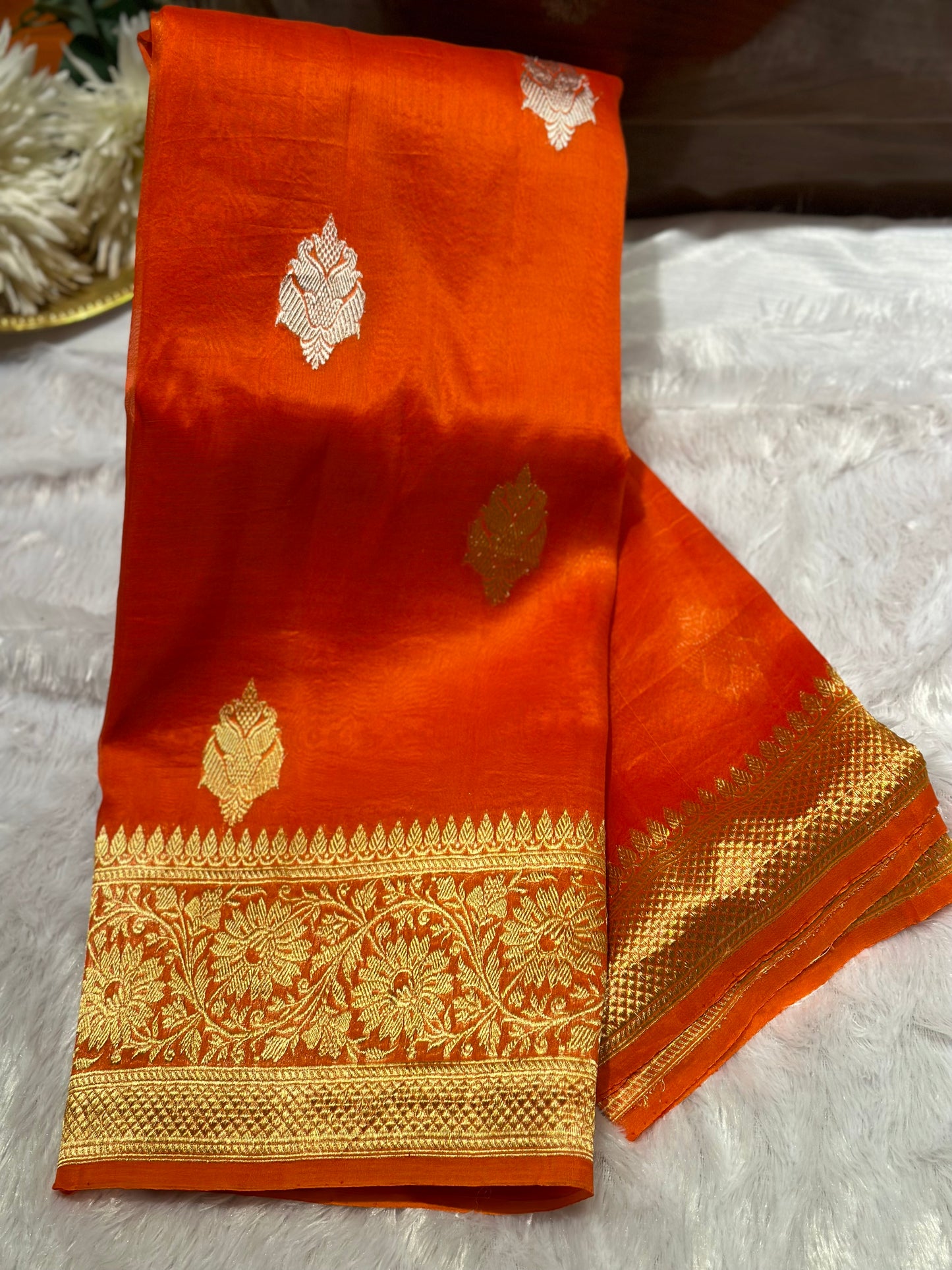 FANTA ORANGE HANDLOOM PURE ORGANZA SAREE