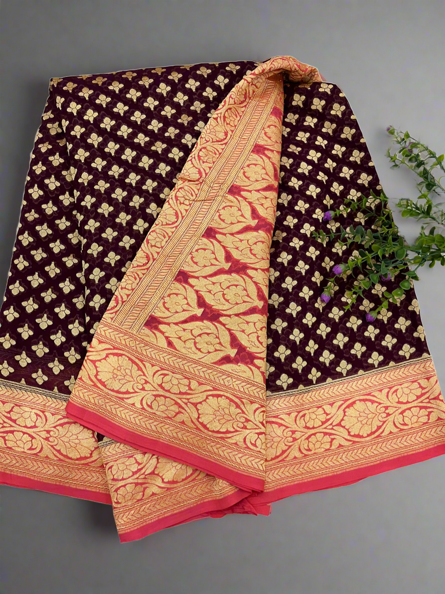 COFFEE BROWN- PINK CHIFFON GEORGETTE SAREE