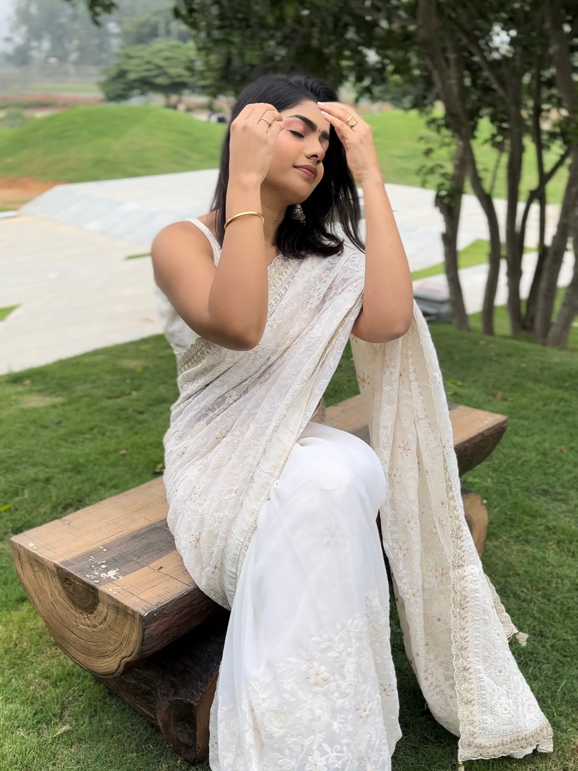 Off-white Chikankari saree