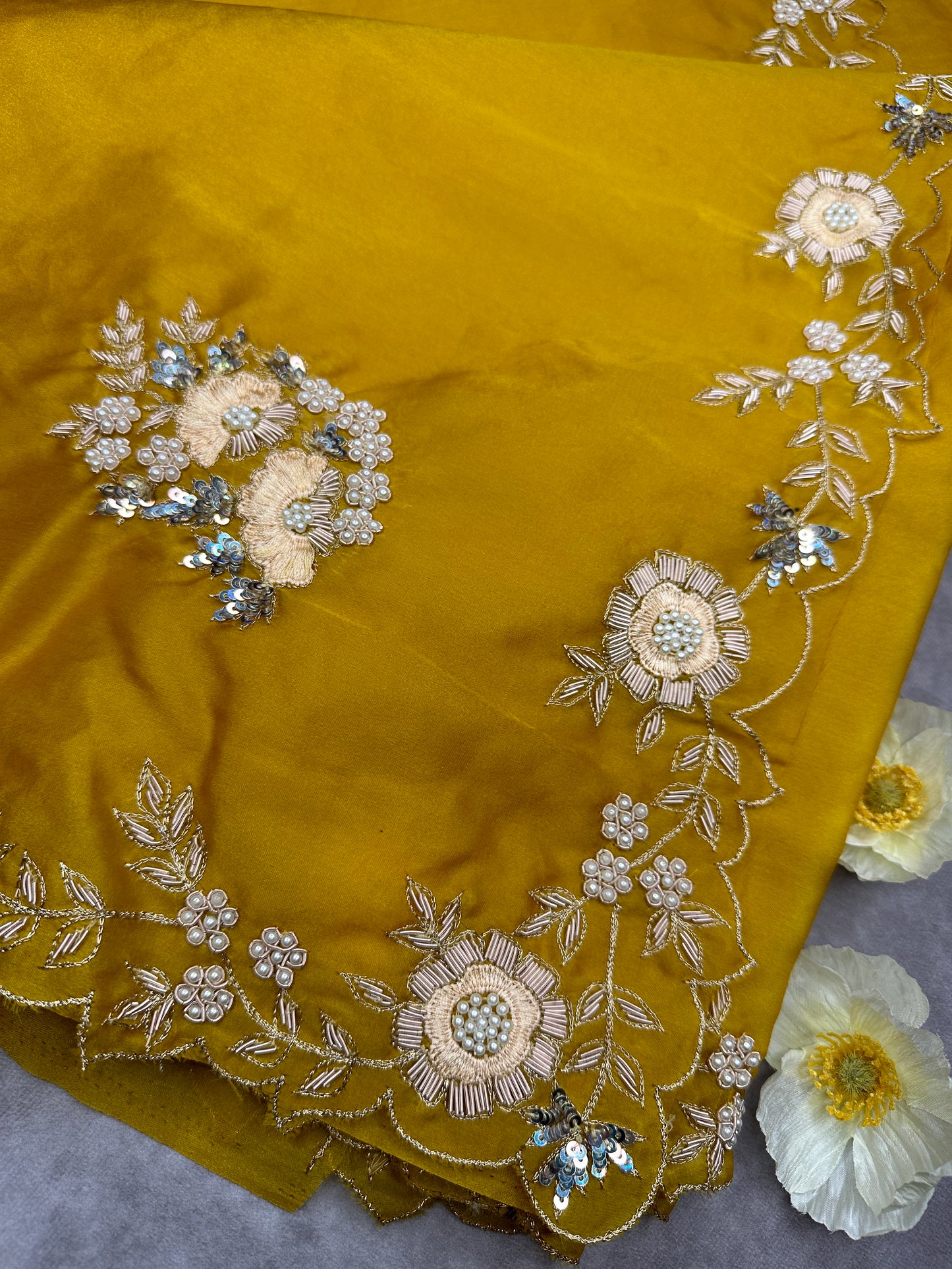 Golden yellow satin organza hand embroidery saree