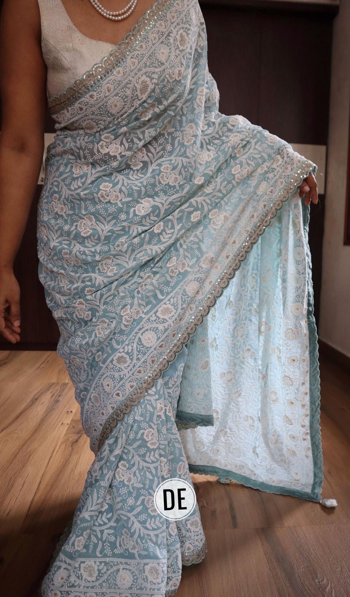 Sky blue Chikankari saree with borders