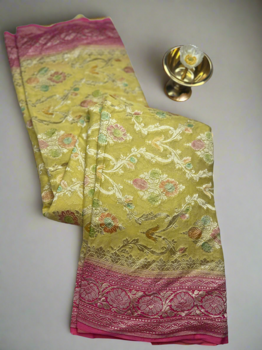 YELLOW-PINK PURE GEORGETTE SAREE