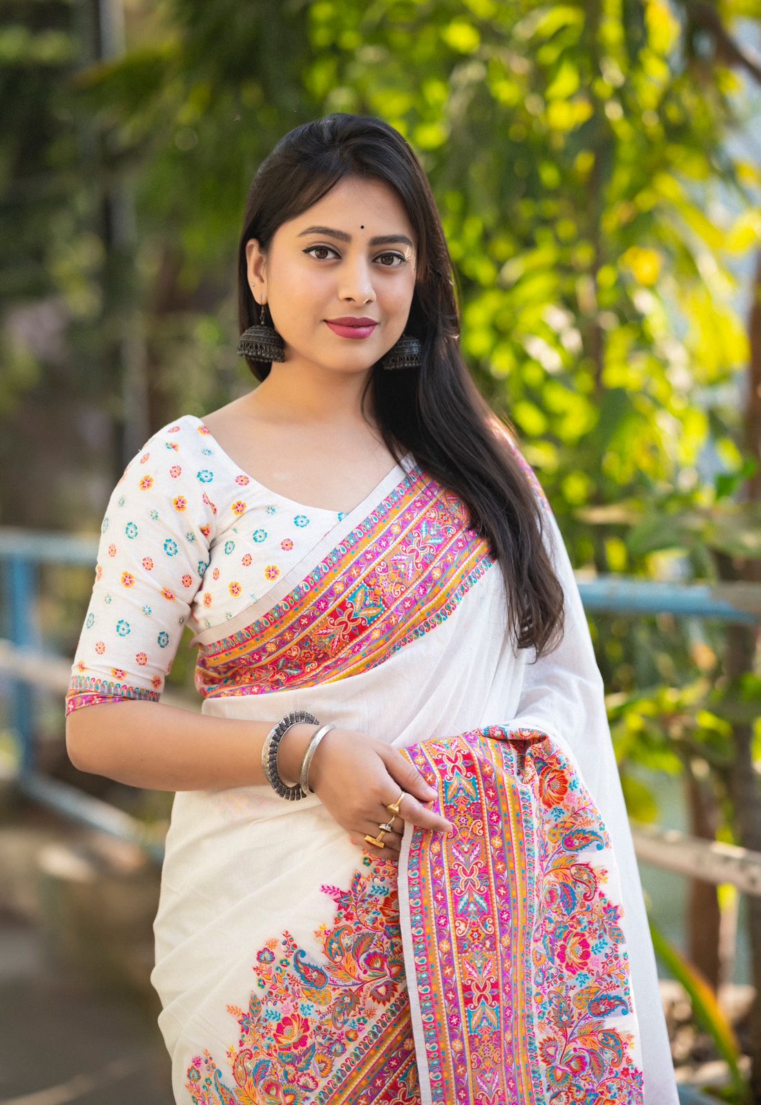 White Kashmiri cotton saree