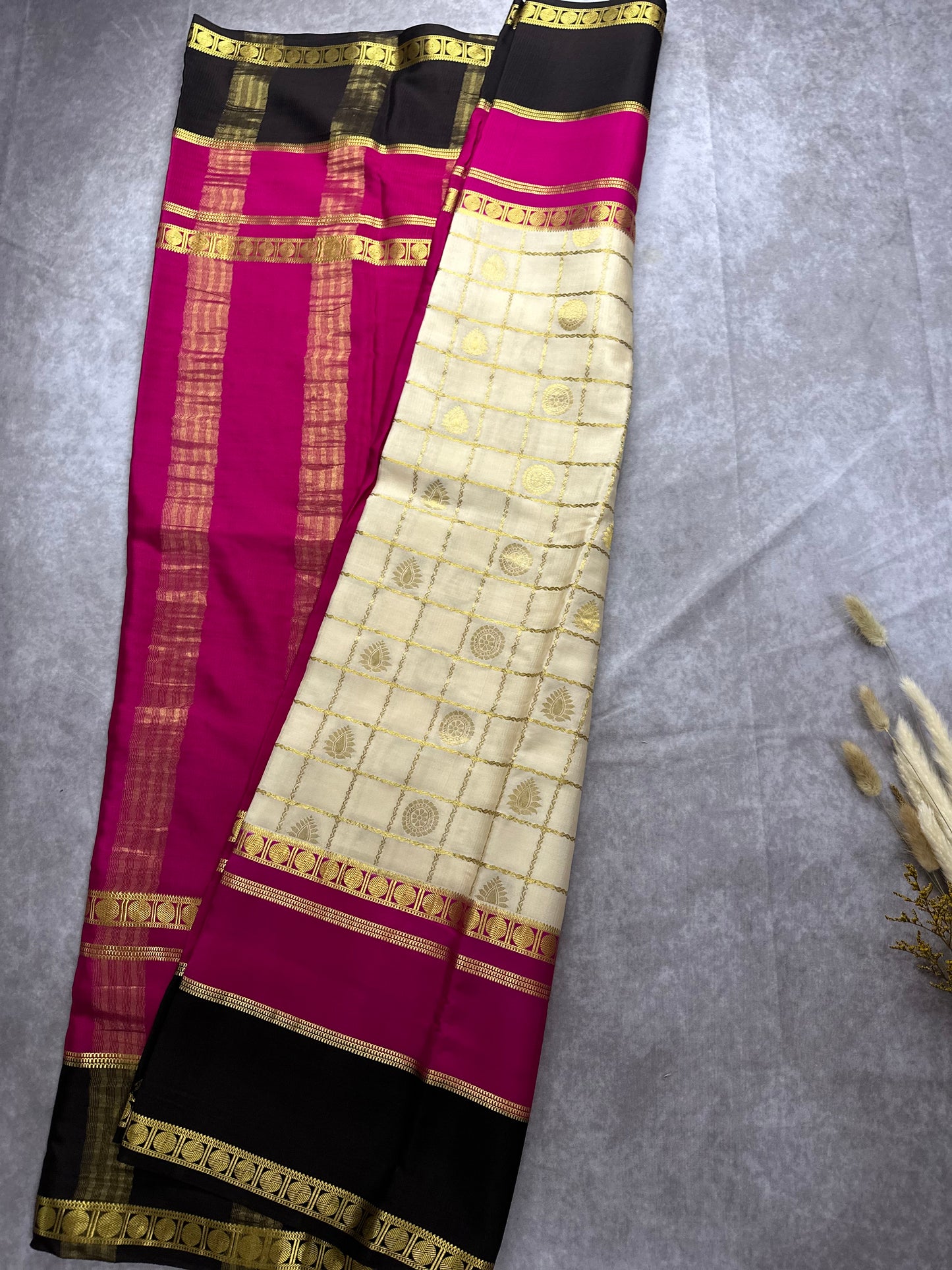 Off-white pink black 3D CHECKS BUTTA PURE CREPE SAREE