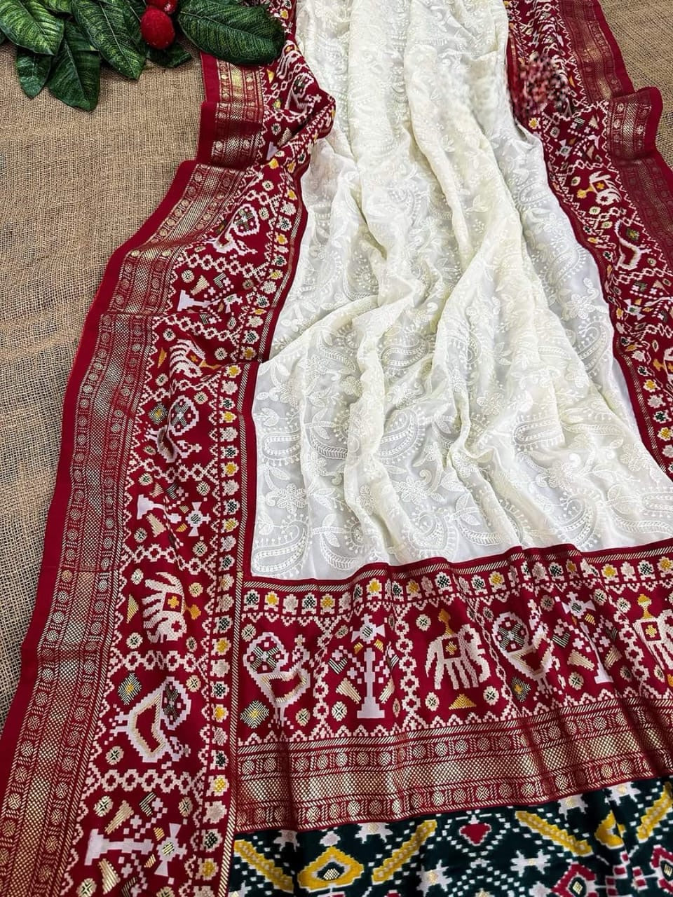 White-red chikankari X patola -Georgette saree