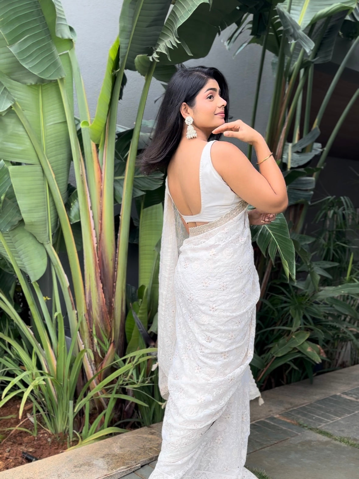 Off-white Chikankari saree