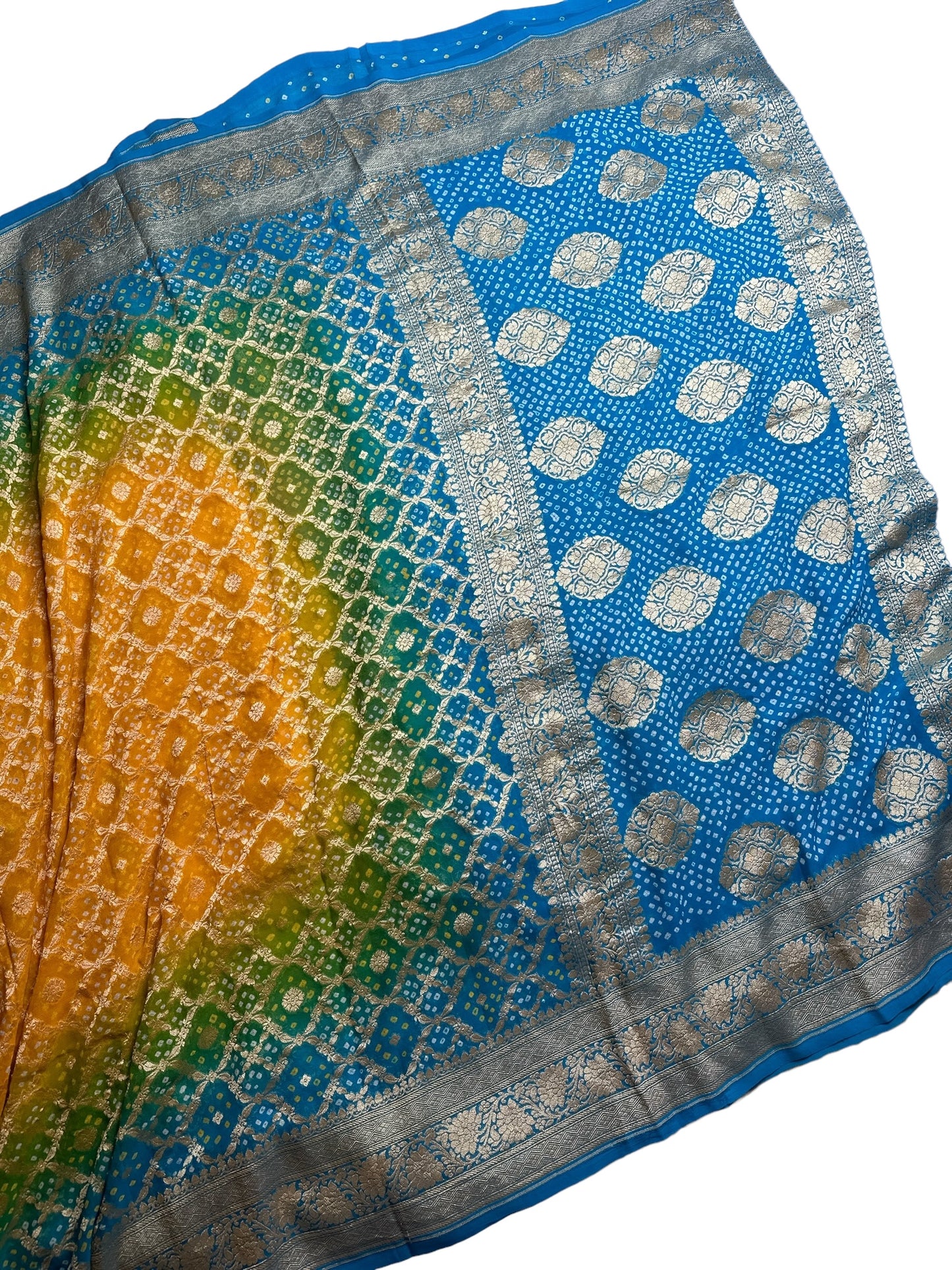 MULTI COLOURED -YELLOW-GREEN-BLUE SHADED GEORGETTE WITH A BANDHINI PRINT