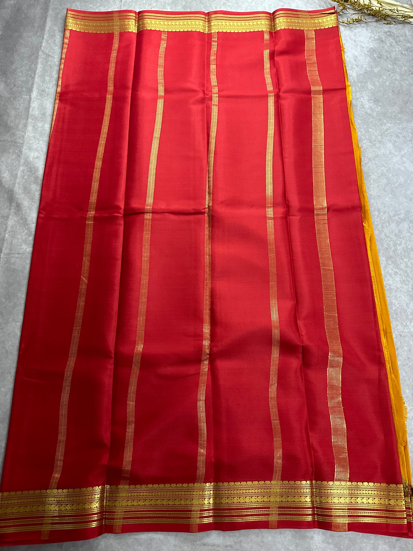 Mustard yellow- red ashwini pure crepe silk saree