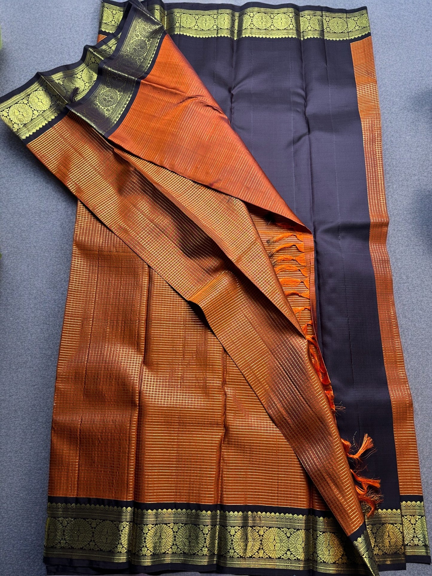 Rust orange- coffee brown pure Kanjeevaram silk saree