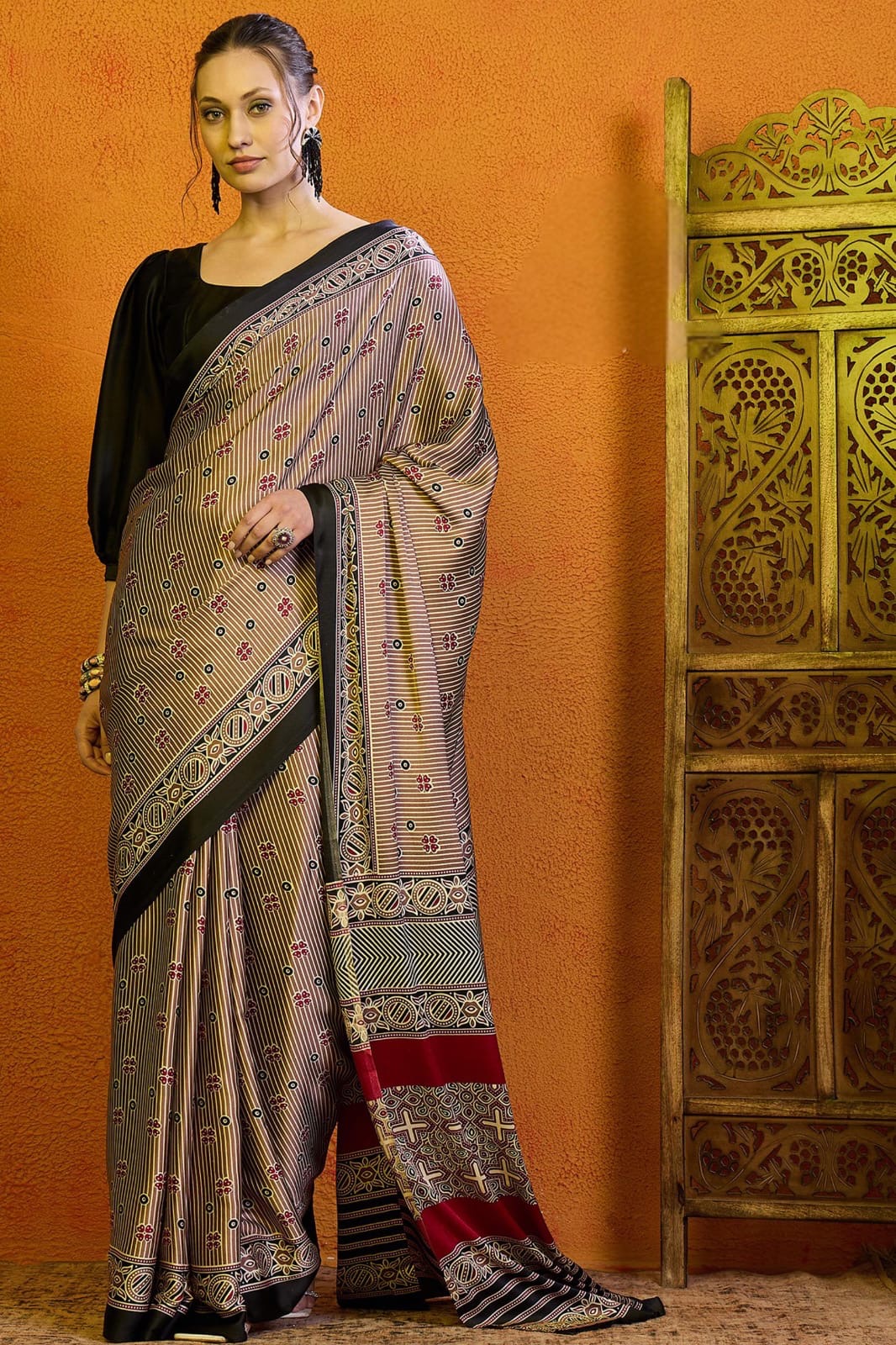 Stripes ajrak printed soft modal satin saree